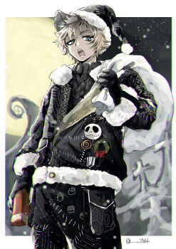 1boy 7skk :o absurdres animal_ear_fluff aran_sweater arm_at_side black_gloves black_hat black_jacket black_pants black_sweater blonde_hair blue_eyes border box cable_knit candy charm_(object) christmas_wreath chromatic_aberration cowboy_shot crossover eyeshadow fangs food from_side full_moon fur-trimmed_headwear fur-trimmed_jacket fur_trim gift gift_box gloves graveyard grey_eyeshadow hat highres holding holding_gift holding_sack hyena_boy hyena_ears jack_skellington jacket lollipop looking_at_viewer looking_down lost_in_the_book_with_tim_burton&#039;s_the_nightmare_before_christmas makeup male_focus moon muted_color night night_sky open_mouth outdoors outside_border pale_skin pants partially_unzipped patchwork_clothes pinstripe_jacket pinstripe_pattern ruggie_bucchi ruggie_bucchi_(nightmare_courier) sack safety_pin santa_hat short_hair sky snowing solo sweater tareme tombstone twisted_wonderland twitter_username v-shaped_eyebrows watermark white_border white_trim wreath