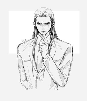 1boy arm_behind_back bindi black_hair border closed_mouth collared_shirt final_fantasy final_fantasy_vii final_fantasy_vii_remake finger_to_mouth gloves grey_border greyscale hair_pulled_back highres itarowo jacket light_smile long_hair looking_at_viewer male_focus monochrome necktie shirt sidelocks solo suit_jacket tseng twitter_username upper_body