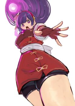 1girl arm_up asamiya_athena black_shorts breasts cowboy_shot dress earrings energy_ball fingerless_gloves floating_hair from_below gloves hairband highres jewelry long_hair looking_at_viewer looking_down open_mouth purple_eyes purple_hair red_dress red_hairband shorts simple_background solo the_king_of_fighters tikuwabu_33 white_background