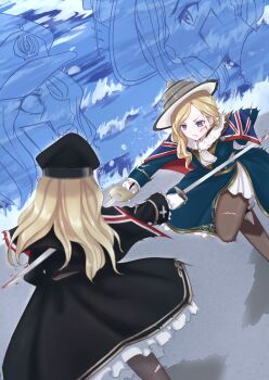 2girls absurdres azur_lane black_capelet black_dress black_hat black_pantyhose bleeding blonde_hair blood blood_on_face blood_on_leg bloody_weapon blue_capelet blue_dress blue_eyes capelet commentary_request commission cotatubo cuts dark_persona dress duel dutch_angle frilled_dress frills gloves hat highres holding holding_sword holding_weapon hood_(azur_lane) injury long_hair long_sleeves multiple_girls pantyhose peaked_cap pixiv_commission sword tilted_headwear union_jack weapon white_gloves white_hat