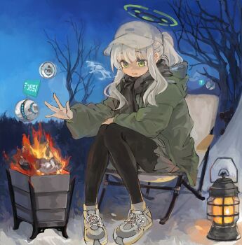 Rule 34 | 1girl, animal, bear, black pantyhose, blue archive, drone, fire, green eyes, green jacket, grey hair, grey shoes, grey skirt, halo, hare (blue archive), hare (camp) (blue archive), hat, hood, hood down, hooded jacket, jacket, konabetate, lantern, long hair, long sleeves, official alternate costume, open mouth, pantyhose, ponytail, shoes, sitting, skirt, sneakers, solo, white hat