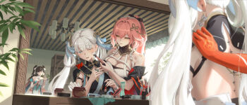 3girls absurdres ancle_(aruncle) applying_another&#039;s_makeup applying_makeup aqua_dress artist_logo bare_shoulders black_bow black_collar black_dress black_sleeves blush body_markings bow braid breasts bright_pupils brown_hair changli_(wuthering_waves) chinese_commentary cleavage coat collar collarbone colored_eyelashes commentary_request cosmetics detached_sleeves dress earrings from_behind glasses hair_between_eyes hair_bow hair_extensions hair_ornament hair_rings halterneck hand_on_another&#039;s_shoulder hands_up highres holding holding_brush holding_makeup_brush holding_tablet_pc indoors jewelry jinhsi_(wuthering_waves) large_breasts lipstick_tube logo long_hair looking_at_another looking_at_mirror low_twintails makeup_brush mirror mole mole_on_cheek multicolored_hair multiple_girls one_eye_closed open_mouth pink_hair ponytail red_hair reflection reflection_focus ring_hair_extensions round_eyewear sidelocks smile tablet_pc tacet_mark_(wuthering_waves) twin_braids twintails two-tone_hair very_long_hair white_bow white_coat white_dress white_eyelashes white_eyes white_hair white_pupils writing wuthering_waves yellow_eyes zhezhi_(wuthering_waves)