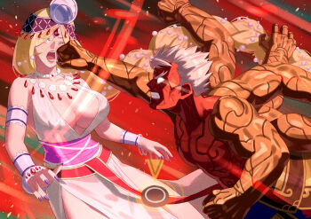 1boy 1girl absurdres angry asura's_wrath asura_(asura's_wrath) bare_pectorals berserker_rage blonde_hair button_prompt commission crossover extra_arms face_punch facial_mark highres in_the_face jewelry mixed-sex_combat muscular nail_polish no_pupils pectorals pixiv_commission punching ryona scene_reference spiked_hair tsuki_ga_michibiku_isekai_douchuu white_hair yagi2013