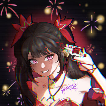 1girl absurdres akena_(ssrr3783) bare_shoulders bell black_choker black_hair breasts character_name choker chromatic_aberration cleavage commentary double-parted_bangs fireworks glitch gun gun_to_head highres holding holding_gun holding_weapon honkai:_star_rail honkai_(series) long_hair looking_at_viewer mole mole_under_each_eye mole_under_eye multiple_moles neck_bell pink_eyes smile solo sparkle_(honkai:_star_rail) twintails upper_body weapon