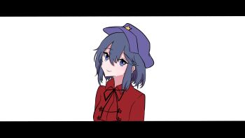 1girl black_ribbon blue_eyes chinese_commentary closed_mouth commentary_request grey_hair hair_between_eyes hat hat_ornament highres letterboxed looking_at_viewer miyako_yoshika neck_ribbon newsboy_cap no_ofuda que_si_tian_yu_ze red_shirt ribbon shirt short_hair simple_background smile solo star_(symbol) star_hat_ornament touhou upper_body white_background