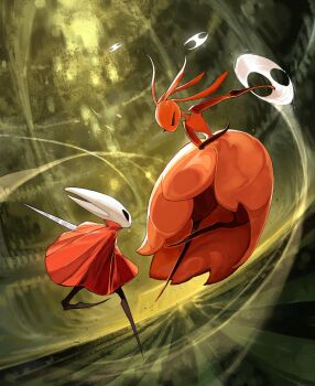 2girls ant_girl antennae arthropod_girl black_skin cloak closed_eyes colored_skin dancing darkdog dress fighting full_body hashtag-only_commentary highres holding holding_weapon hollow_knight hollow_knight:_silksong hornet_(hollow_knight) looking_back mask multiple_girls red_cloak red_dress red_skin skarrsinger_karmelita_(hollow_knight) spinning_weapon weapon white_mask
