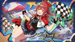 Rule 34 | 1girl, boots, car, checkered clothes, checkered flag, fingerless gloves, flag, gloves, idolmaster, idolmaster shiny colors, jacket, komiya kaho, motor vehicle, open mouth, ponytail, race queen, red eyes, red hair, skirt, solo, star (symbol)