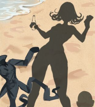 Rule 34 | 1boy, 1girl, beach, black dress, dress, dressed shadow (meme), highres, holding, holding cloth, implied nudity, meme, one-punch man, outdoors, rakeemspoon, saitama (one-punch man), sand, shadow, shore, solo focus, standing, tatsumaki, unworn clothes, unworn dress, water