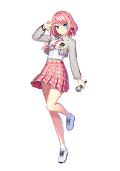 1girl absurdres ankle_socks arm_at_side badge black_bow blue_eyes bob_cut bow bracelet braid closers collared_shirt cropped_jacket full_body grey_jacket hair_bow hand_on_own_head hand_up highres holding holding_microphone idol jacket jewelry leg_up long_sleeves microphone midriff_peek miniskirt necktie official_alternate_costume official_art pink_hair pink_necktie pink_skirt plaid_clothes plaid_necktie plaid_skirt pleated_skirt school_uniform seulbi_lee shirt shoes short_hair side_braid simple_background skirt smile sneakers socks solo standing standing_on_one_leg star_bracelet tachi-e v white_background white_shirt white_shoes white_socks