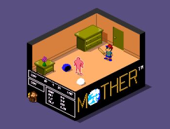 1boy animated animated_gif baseball_bat baseball_cap copyright_name door drawer hat holding holding_baseball_bat holding_bat indoors monkey mother_(series) mother_1 ninten nintendo pixel_art red_headwear shirt starman_(mother) striped_clothes striped_shirt wanpaku_pixels