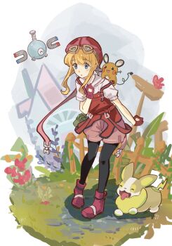 Rule 34 | 1girl, blonde hair, blue eyes, commentary request, crossover, eiyuu densetsu, falcom, gen 1 pokemon, goggles, goggles on head, highres, magnemite, momoseayuri, naked skirt, nintendo, outdoors, overalls, pink shorts, pokemon, pokemon (creature), raichu, red overalls, shorts, simple background, skirt, sora no kiseki, tita russell, tool belt