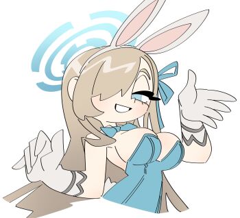 1girl animal_ear_hairband animal_ears armedrabbit asuna_(blue_archive) asuna_(bunny)_(blue_archive) bare_shoulders blonde_hair blue_archive blue_bow blue_bowtie blue_eyes blue_halo blue_leotard blush bow bowtie breasts detached_collar fake_animal_ears feet_out_of_frame gloves grin hair_over_one_eye hairband halo highres large_breasts leotard long_hair looking_at_viewer playboy_bunny rabbit_ear_hairband rabbit_ears smile solo very_long_hair white_gloves
