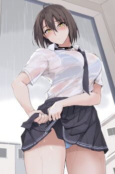 1girl baltimore_(after-school_ace)_(azur_lane) baltimore_(azur_lane) blue_bra blue_pants bra breasts brown_hair collared_shirt commentary_request grey_sky highres large_breasts original pants school_uniform see-through_clothes see-through_shirt shirt short_sleeves skirt sky solo standing thighs underwear wet wet_clothes wet_shirt wet_skirt white_shirt wringing_clothes wringing_skirt yellow_eyes zekkyon
