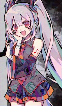 1girl 1other :d ahoge bandaged_arm bandages bandaid bandaid_on_neck bare_shoulders clothing_cutout collared_shirt commentary_request cowboy_shot detached_sleeves ear_piercing grey_hair grey_shirt grey_skirt grey_sleeves hair_ornament hatsune_miku heart highres holding_hands interlocked_fingers kyouda_suzuka long_hair long_sleeves looking_at_viewer musical_note musical_note_tattoo necktie open_mouth piercing print_shirt red_nails red_necktie ringed_eyes shirt skirt sleeveless sleeveless_shirt smile solo_focus tattoo twintails twitter_username very_long_hair vocaloid