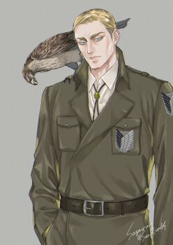 1boy absurdres animal animal_on_shoulder bird bird_on_shoulder blonde_hair blue_eyes bolo_tie closed_mouth collared_shirt cowboy_shot erwin_smith grey_background grey_jacket hand_in_pocket hawk highres jacket male_focus military_jacket mskei shingeki_no_kyojin shirt short_hair sign solo survey_corps_(emblem) swept_bangs thick_eyebrows twitter_username white_shirt