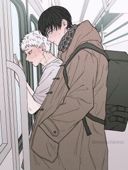 2boys absurdres against_wall black_bag black_hair blush coat commentary_request duffel_coat from_side grey_eyes hand_in_pocket height_difference highres hikaru_ga_shinda_natsu indou_hikaru looking_at_viewer male_focus moccchinmo mole mole_on_cheek mole_under_mouth multiple_boys multiple_moles official_alternate_costume open_mouth public_indecency scar scar_on_neck scarf sex sex_from_behind shirt short_eyebrows short_hair slit_pupils standing standing_sex stealth_sex sweat train_interior trembling tsujinaka_yoshiki twitter_username white_hair white_shirt yaoi