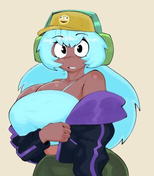 1girl aqua_hair breasts camisole cleavage dark-skinned_female dark_skin dolly_dimpley gloomy_acid hat headphones highres large_breasts long_hair original simple_background smiling_friends sweat yellow_background