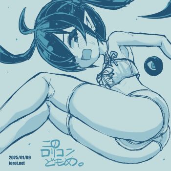 1girl ahoge ass backbeako_(torotei) backbeard blue_background blush breasts camisole commentary dated dated_commentary feet_out_of_frame gegege_no_kitarou hair_over_one_eye kono_lolicon_domome loli long_hair looking_at_viewer lying monochrome on_side open_mouth original paid_reward_available panties pointy_ears simple_background skindentation small_breasts solo sweatdrop thighhighs torotei translated twintails underwear underwear_only v-shaped_eyebrows watermark web_address