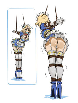 1girl alternate_costume ankle_cuffs ass ball_gag bdsm blonde_hair blue_eyes blue_footwear bondage bound bound_ankles collar enmaided eudetenis female_focus gag gag_harness gagged garter_straps high_heels highres maid maid_headdress mirror nintendo panties princess_zelda reflection restrained sex_toy short_hair silent_princess simple_background strappado the_legend_of_zelda the_legend_of_zelda:_tears_of_the_kingdom thighhighs thong trembling underwear vibrator vibrator_in_thighhighs vibrator_under_clothes vibrator_under_panties white_background white_thighhighs