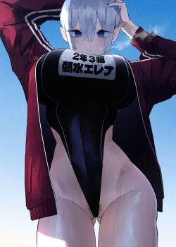 1girl arms_up bare_legs blue_eyes blush bob_cut breasts elena_(hazuki_kazue) eyeliner gluteal_fold hair_between_eyes hand_on_own_head hazuki_kazue highleg highleg_one-piece_swimsuit highres huge_breasts inverted_bob jacket looking_at_viewer looking_down makeup one-piece_swimsuit open_clothes open_jacket original pointy_ears pubic_hair pubic_hair_peek raised_eyebrows school_swimsuit short_hair sidelocks slit_pupils steam swimsuit thighs track_jacket translation_request undercut wet white_hair