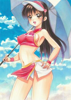1girl 1990s_(style) armpits bare_shoulders blue_sky blush breasts brown_eyes brown_hair clothes_writing cloud covered_erect_nipples cowboy_shot crop_top future_gpx_cyber_formula halterneck hand_on_own_hip high_collar highres long_hair looking_at_viewer medium_breasts microskirt midriff miniskirt open_mouth panties pantyshot race_queen sideboob skirt sky smile sugou_asuka tomoeri traditional_media umbrella underwear visor_cap