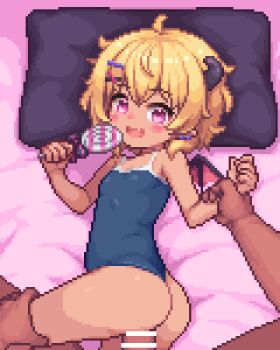 1boy 1girl animated animated_gif ass bar_censor bed blonde_hair blush breasts candy censored commission cum cum_in_pussy demon_wings food hair_ornament hairclip happy_sex hetero holding_another's_arm horns loli lollipop lowres one-piece_swimsuit original pillow pink_eyes pixel_art pixiv_commission sb_(coco1) school_swimsuit sex small_breasts smile swimsuit vaginal wings