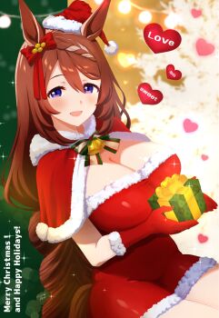 1girl animal_ears bell blue_eyes blush bow box braid breasts brown_hair capelet christmas christmas_present cleavage dress ear_bow fur-trimmed_capelet fur-trimmed_dress fur-trimmed_gloves fur-trimmed_headwear fur_trim gift gift_box gloves green_bow hair_between_eyes hat heart highres holding holding_gift horse_ears horse_girl horse_tail large_breasts long_hair looking_at_viewer multicolored_hair narumi_yuzurai neck_bell open_mouth red_bow red_capelet red_dress red_gloves red_hat santa_costume santa_dress santa_hat smile solo strapless strapless_dress streaked_hair super_creek_(umamusume) tail umamusume very_long_hair white_hair