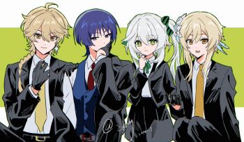 2boys 2girls adjusting_clothes adjusting_necktie aether_(genshin_impact) ahoge alternate_costume arm_at_side asymmetrical_sidelocks belt_buckle black_gloves black_jacket black_pants black_skirt black_sleeves blonde_hair blue_feathers blue_flower blue_vest border bow bowtie braid buckle choppy_bangs closed_mouth commentary_request contemporary covering_own_mouth cowlick cross-shaped_pupils dated dress_shirt earrings eyelashes eyeliner feather_hair_ornament feathers flower formal_clothes genshin_impact gloves green_background green_bow green_bowtie green_eyes green_hair hair_bow hair_flower hair_ornament hair_over_shoulder half-closed_eyes half_crown_braid half_gloves hand_on_another's_shoulder hand_on_own_face hand_over_own_mouth hands_up highres houhouhou0103 jacket jewelry lapels layered_sleeves leaf leaf_hair_ornament letterboxed long_hair long_sleeves looking_at_viewer low-braided_long_hair low-tied_long_hair lumine_(genshin_impact) makeup medium_skirt multicolored_flower multicolored_hair multiple_boys multiple_girls nahida_(genshin_impact) necktie open_clothes open_jacket pants pointy_ears purple_eyes purple_hair raised_eyebrows red_eyeliner red_necktie rounded_collar scaramouche_(genshin_impact) shirt short_hair short_hair_with_long_locks side_ponytail sidelocks single_off_shoulder sitting skirt smile standing star_(symbol) star_earrings streaked_hair striped_bow suit_jacket suit_pants symbol-shaped_pupils tsurime twitter_username undershirt vest wanderer_(genshin_impact) white_border white_flower white_hair white_shirt white_sleeves wing_collar yellow_eyes yellow_necktie yellow_pupils