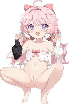1girl absurdres ahoge anus barefoot bow censored claw_pose cross-shaped_pupils encore_(wuthering_waves) feet flat_chest full_body hair_between_eyes hair_bobbles hair_bow hair_ornament highres loli long_hair looking_at_viewer low_twintails mosaic_censoring multicolored_hair nipples off_shoulder open_mouth pink_bow pink_hair purple_eyes pussy simple_background smile solo symbol-shaped_pupils twintails two-tone_hair watarurikka white_background white_hair wuthering_waves