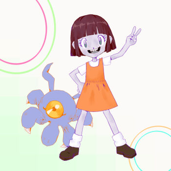 angela_anaconda angela_anaconda_(character) brown_hair claws digimon digimon_(creature) looking_at_viewer smile teeth tsumemon what why yellow_eyes