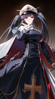 1girl absurdres azur_lane black_coat black_hair breasts buttons cape capelet coat coat_dress commentary_request double-breasted dress feet_out_of_frame gloves gold_trim hat highres large_breasts long_hair long_sleeves looking_at_viewer peaked_cap peter_strasser_(azur_lane) purple_eyes rubisco solo twintails white_cape white_capelet white_gloves white_hat