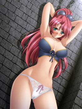 Rule 34 | 1girl, artist request, bdsm, blush, bondage, bound, captured, chain, character request, cuffs, dungeon, panties, prisoner, shackles, source request, underwear