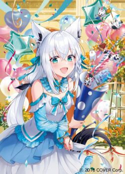 1girl :d ahoge animal_ear_fluff animal_ear_piercing animal_ears aqua_eyes aqua_sleeves balloon black_ribbon braid breasts brooch chest_bow cleavage commentary_request confetti copyright_notice crossed_bangs detached_collar double-parted_bangs dress extra_ears fox_ears fox_girl fox_tail frilled_dress frills fubuzilla_(shirakami_fubuki) gold_trim hair_between_eyes hair_ribbon heart_balloon holding holding_party_popper hololive indoors jewelry layered_dress long_hair looking_at_viewer low_ponytail medium_breasts miteiru_(shirakami_fubuki) nejima_kitsune_(shirakami_fubuki) off-shoulder_dress off_shoulder official_art open_mouth oruyanke_(shirakami_fubuki) party_popper pentagram ponytail ribbon shirakami_fubuki side_braid smile solo star_balloon sukonbu_(shirakami_fubuki) tail teeth very_long_hair virtual_youtuber white_dress white_hair yukiko_(tesseract)
