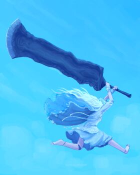 1girl artist_name blue_sky blue_surcoat braid doll_joints dress elden_ring elden_ring_nightreign facing_away flower_wreath fromsoftware head_wreath highres holding huge_weapon jewelry joints jumping kurohanenone long_hair low_twin_braids outdoors revenant_(elden_ring) running sky solo sword twin_braids veil weapon white_dress white_hair white_veil