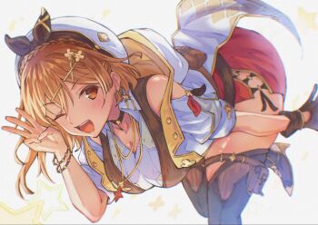 1girl atelier_(series) atelier_ryza breasts brown_eyes brown_gloves brown_hair brown_vest cleavage gerat0228 gloves hat highres large_breasts one_eye_closed open_mouth red_shorts reisalin_stout shirt shorts simple_background single_glove solo vest white_background white_hat white_shirt