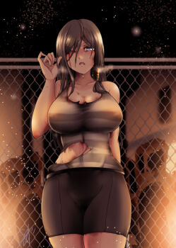 after_battle black_hair black_shorts blue_eyes blush breasts chain-link_fence dead_or_alive dead_or_alive_5 fence grey_tank_top hand_in_own_hair heavy_breathing highres kokoro_(doa) large_breasts long_hair looking_at_viewer official_alternate_costume one_eye_closed open_mouth shorts striped_tank_top suga_leon sweat swept_bangs tank_top torn_clothes