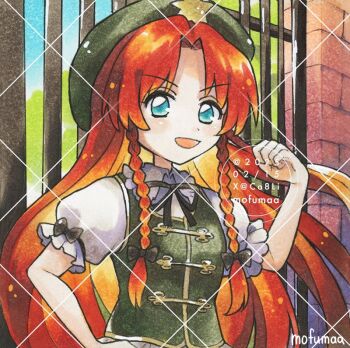 Rule 34 | 1girl, artist name, beret, blue eyes, bow, braid, collared shirt, commentary, dated, gate, green bow, green hat, green vest, hat, hat ornament, hong meiling, long hair, maa (forsythia1729), open mouth, puffy short sleeves, puffy sleeves, red hair, shirt, short sleeves, sleeve bow, smile, solo, star (symbol), star hat ornament, touhou, traditional media, twin braids, upper body, very long hair, vest, watermark, watermark grid, white shirt