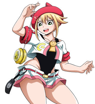 1girl absurdres artist_request belt black_leotard breasts curvy green_eyes groin hand_up highleg highleg_leotard highres hyper_yoyo_accel leotard leotard_under_clothes looking_at_viewer medium_breasts nail_polish open_mouth orange_hair pear-shaped_figure revealing_clothes shoes short_hair short_shorts short_sleeves shorts sidelocks smile solo striped_clothes thighs tongue v-shaped_eyebrows wakaba_(hyper_yoyo_accel) wide_hips yellow_nails yo-yo