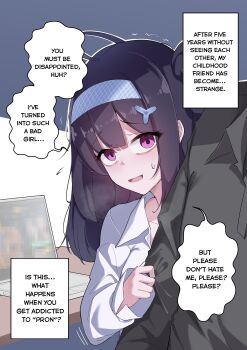 1boy 1girl absurdres ahoge black_hair black_shirt blue_hairband blush breath censored clothes_grab clover_dot_(clov_erd) commentary computer embarrassed english_commentary english_text hair_ornament hairband highres laptop long_hair long_sleeves looking_at_viewer mosaic_censoring nervous_smile open_mouth original parted_bangs purple_eyes raised_inner_eyebrows shirt shirt_grab small_sweatdrop smile solo_focus speech_bubble talking trembling white_shirt