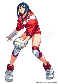 Rule 34 | 1girl, ayuhara natsu, ball, bandaged fingers, bandages, blue eyes, blue hair, boots, female focus, full body, highres, holding, holding ball, jacket, justice gakuen, official art, peter chai, playing sports, red jacket, red shorts, second-party source, short hair, shorts, simple background, solo, thighs, volleyball, volleyball (object), white background, white boots