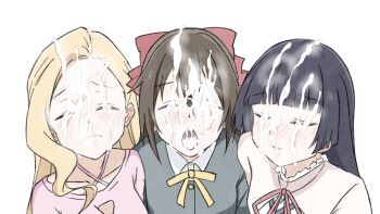 Rule 34 | 3girls, absurdres, after ejaculation, black hair, blonde hair, blunt bangs, blush, brown hair, cleavage cutout, closed eyes, clothing cutout, collarbone, commentary, cum, cum on body, cum on hair, facial, hair ribbon, highres, hime cut, ikizulive! love live! bluebird, komagata hanabi, konohana aurora, love live!, love live! nijigasaki high school idol club, multiple girls, open mouth, osaka shizuku, parted hair, pink shirt, ribbon, school uniform, shirt, shizuwonderland, untranslatable commentary, wavy sidelocks, white background