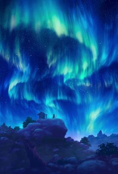 absurdres au_ito aurora black_cat cat commentary_request highres night night_sky no_humans original outdoors rock scenery shrine sky star_(sky) starry_sky tree_stump white_cat