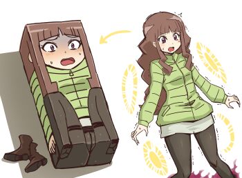 1girl ass body_modification boots box boxification breasts brown_hair cameltoe casual digimon digimon_ghost_game halo highres long_hair looking_to_the_side lying moaning pantyhose pink_eyes ryona sequential small_breasts solo surprised sweat tobato_the_dog tobatoinu transformation trapped trembling tsukiyono_ruli very_long_hair white_background wide_hips