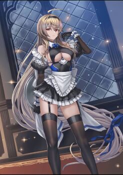 1girl apron bad_id bad_pixiv_id bare_shoulders black_thighhighs bodystocking bow bowtie breasts brown_hair cleavage cleavage_cutout clothing_cutout collar cuboon evertale evolution garter_straps gloves hair_ribbon hairband hallway highres legs_apart leotard long_hair looking_at_viewer low-tied_long_hair maid maid_apron medium_breasts miniskirt playing_with_own_hair puffy_short_sleeves puffy_sleeves red_carpet red_eyes ribbon rizette see-through_clothes see-through_sleeves short_sleeves skirt sleeve_cuffs solo standing thighhighs thighs very_long_hair window