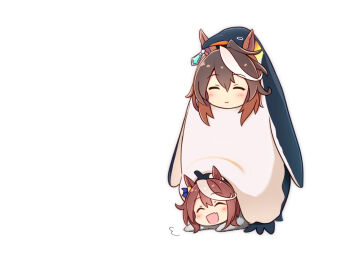 2girls animal_costume animal_ears animal_hood baby_animal bird bird_costume blush brown_hair closed_eyes closed_mouth earrings emperor_penguin hair_between_eyes highres hood hood_up horse_ears horse_girl jewelry long_hair looking_at_viewer multicolored_hair multiple_girls neko_senshi open_mouth penguin penguin_chick penguin_costume penguin_hood simple_background single_earring smile streaked_hair symboli_rudolf_(umamusume) tokai_teio_(umamusume) two-tone_hair umamusume white_background white_hair