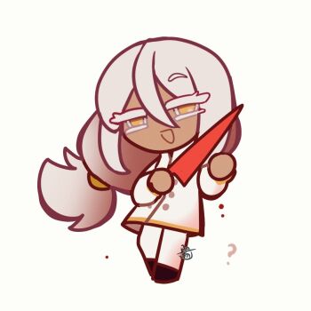 Rule 34 | 1girl, black shoes, coat, colored eyelashes, commentary, cookie run, dark skin, holding, holding knife, knife, library of ruina, long hair, long sleeves, looking at viewer, low-tied long hair, open mouth, pants, parody, pierre (project moon), project moon, shoes, simple background, smile, solo, style parody, surumenabe, white background, white coat, white hair, white pants, yellow eyes