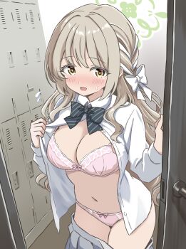 1girl absurdres accidental_pervert blue_archive blush bow bow_bra bow_panties bowtie bra breasts cleavage collared_shirt door dress_shirt hair_bow halo highres indoors large_breasts locker locker_room long_hair long_sleeves looking_at_viewer miyo_(blue_archive) navel nose_blush ohana._(user_jhpk8322) open_clothes open_mouth open_shirt panties pink_bra pink_panties pleated_skirt school_uniform shirt skirt solo standing striped_bow sweat underwear unlikely_accident wardrobe_malfunction white_shirt
