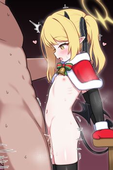 1boy 1girl absurdres bell black_horns black_thighhighs blonde_hair blue_archive blush capelet commentary demon_girl demon_horns demon_tail demon_wings flat_chest fur-trimmed_capelet fur_trim gloves halo heart hetero highres horns ibuki_(blue_archive) loli low_wings navel nipples open_mouth pointy_ears red_capelet revision sex tail thighhighs wings yellow_eyes yellow_halo zing_(z_z_zing)