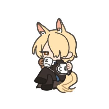1boy animal_ear_fluff animal_ears arknights black_jacket black_pants black_shoes blonde_hair chibi chickenuma_0 commentary_request crossed_legs cup drinking formal_clothes full_body gloves hair_over_one_eye highres holding holding_cup horse_boy horse_ears horse_tail jacket long_hair long_sleeves mlynar_(arknights) mug necktie pants shirt shoes simple_background single_glove sitting solo suit tail very_long_hair white_background white_shirt yellow_eyes