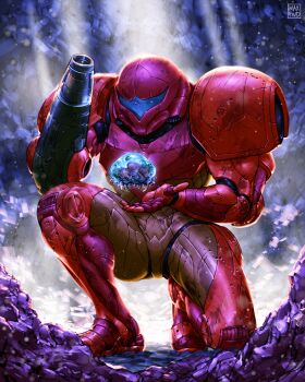 1girl absurdres alien arm_cannon armor assault_visor backlighting blue_eyes blue_visor cave dent dirty eyes_visible_through_headwear full_body helmet highres light_particles light_rays looking_at_creature metroid metroid_(creature) metroid_2:_return_of_samus metroid_larva nintendo on_one_knee orange_armor outdoors power_armor power_suit_(metroid) rock samus_aran science_fiction scratches signature studystudiomax sunbeam sunlight two-tone_armor weapon